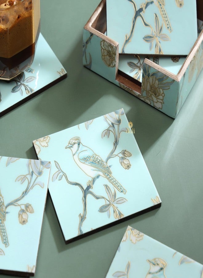 DULI مجموعة DULI من 6 قواعد أكواب خشبية مطلية بالمينا من خشب MDF | قواعد أكواب مع حامل | مجموعة قواعد أكواب لتقديم الشاي | قواعد أكواب مطبوعة | قواعد أكواب من الراتنج (10 × 10 سم) (AquaGoldBirds) - Image 2